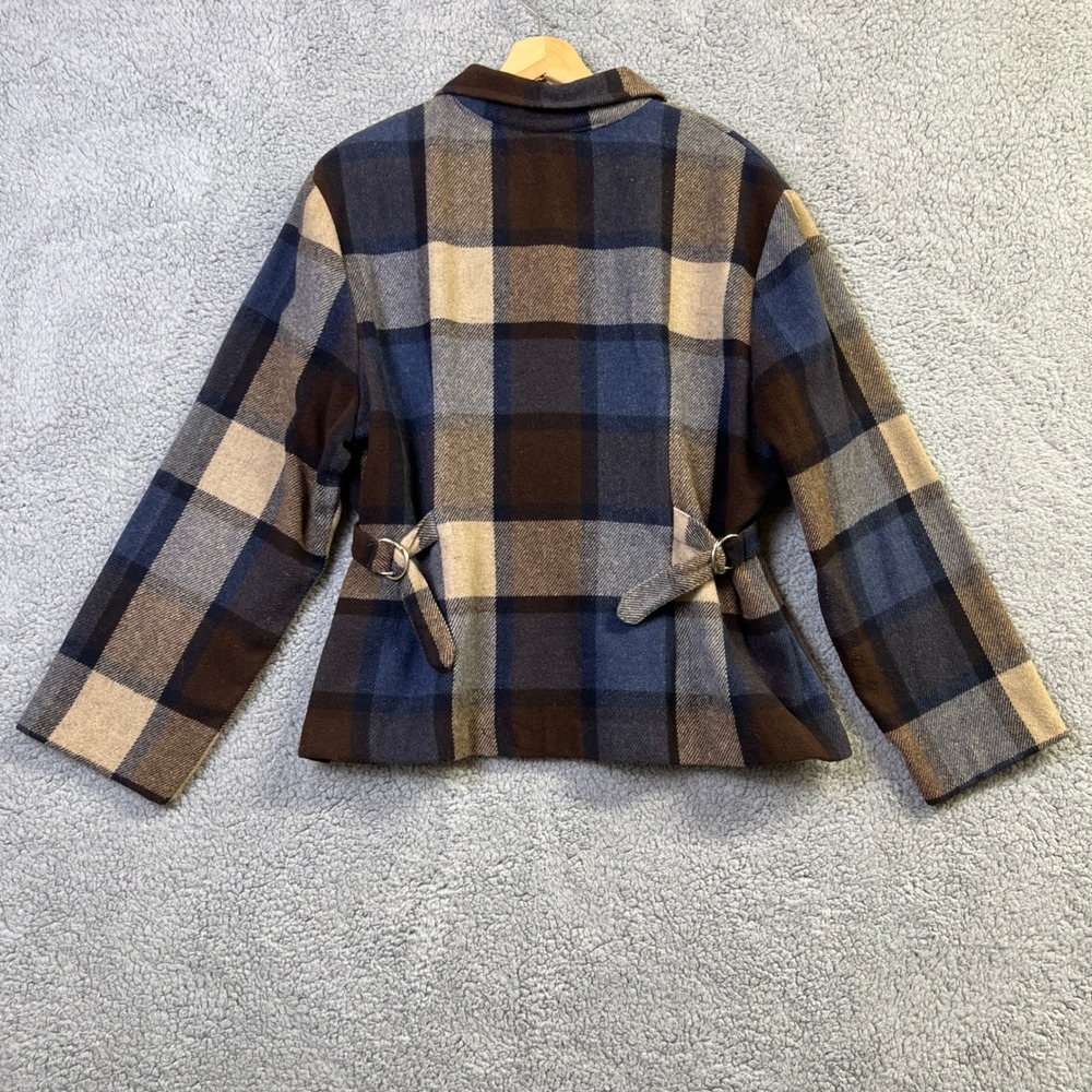 VTG David Paul New York Jacket Women L Brown Blue Plaid Wool Blend Zip Up Blazer - Picture 2 of 6